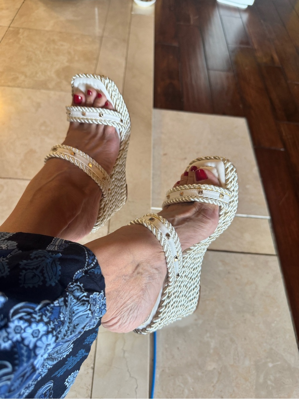 White House Black Market White Braided Wedge Sandals with Gold Studs